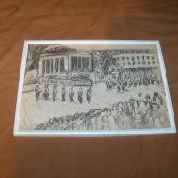 Манифестация пред мавзолея, стара соц рисунка с молив, снимка 2 - Картини - 38817112