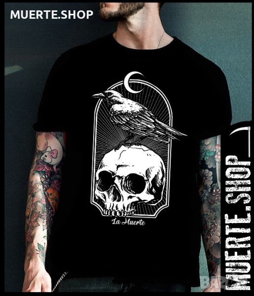 Черна тениска с щампа CROW WITH SKULL LA MUERTE, снимка 1