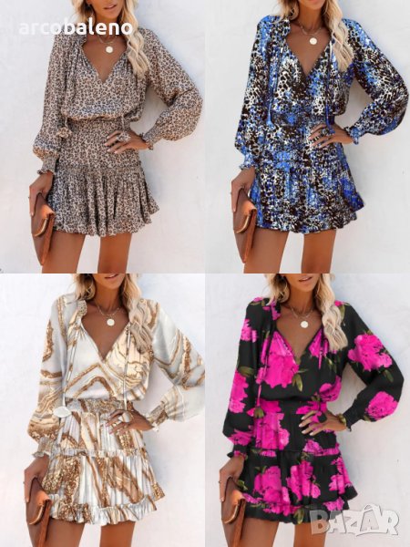 Дамска рокля с дълъг ръкав и V-образно деколте, 4цвята, снимка 1