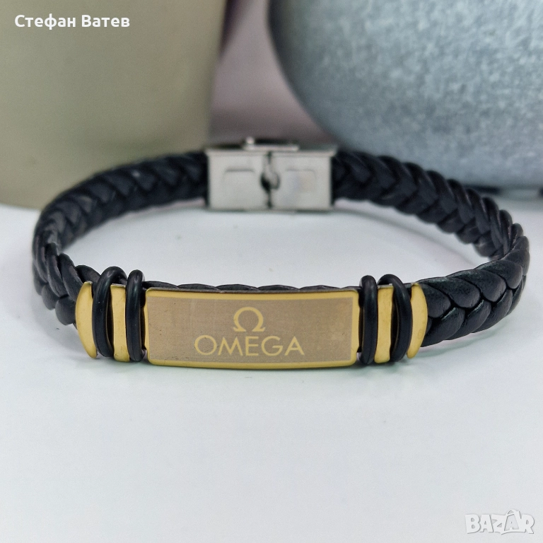 Мъжка кожена гривна Omega от медицинска стомана с позлата, снимка 1