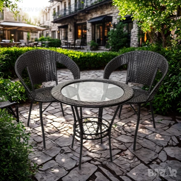 Градински комплект – маса с 2 стола, черен цвят, снимка 1