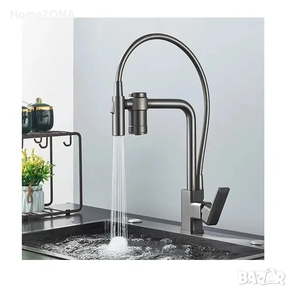 Смесител за кухня Elite PRO W91, с вграден филтър за вода, сив, снимка 1