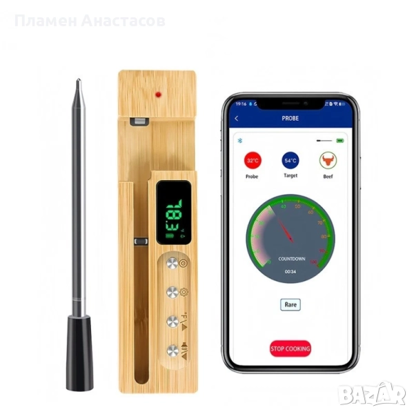 JX-368 Безжичен Bluetooth Термометър за Месо и BBQ – Дигитална Сонда за Фурна, Грил и Барбекю, снимка 1