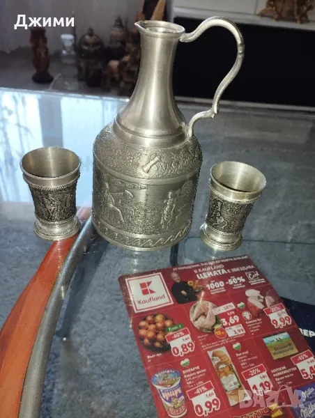 калаено сребърна зинн кана със чашки, снимка 1