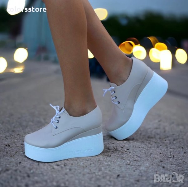 Обувки на платформа - бежова кожа с бяло ходило - 120K, снимка 1