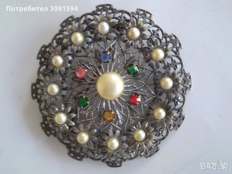 Красива ретро брошка със перли и стъкло, снимка 1