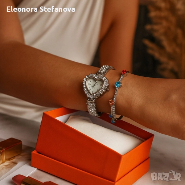 Сърцевиден дамски часовник с гривна и кристали – стил и практичност в кутия, снимка 1