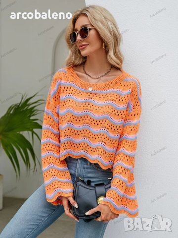 Дамски моден пуловер с дълги ръкави и кръгло деколте на райета, 2цвята - 023, снимка 14 - Блузи с дълъг ръкав и пуловери - 42305036