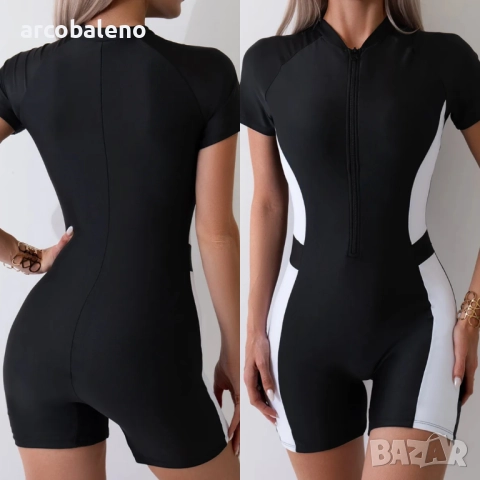 Дамски бански костюм с цип с контрастен цвят и къс ръкав за сърфиране