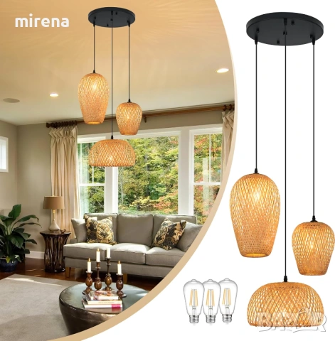 Лампа от ратан с 3 лампи, бамбук, бохо стил, ръчно плетени полилеи, снимка 3 - Лампи за таван - 53224776