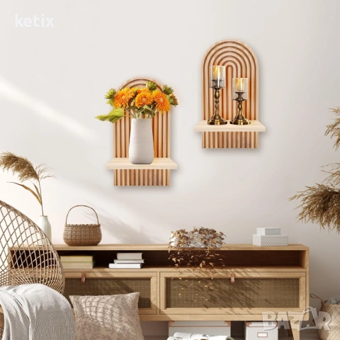 Дървени рафтове за стенен декор, модерен бохо декор,2 броя, снимка 2 - Други - 53673735