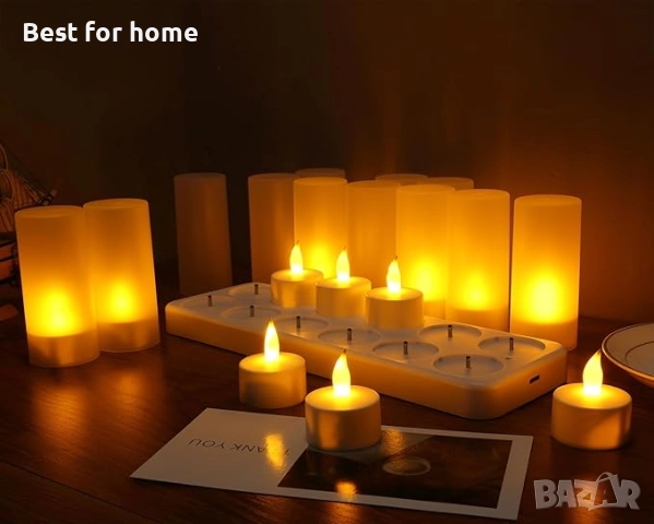 Акумулаторна свещ, комплект от 12 LED безпламъчни чаени свещи със зарядна станция, снимка 2 - Други - 51874682