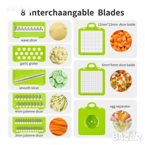 Кухненски помощник 14 в 1: Професионално ренде и слайсер 8 сменяеми остриета и дренажна кошница 3758, снимка 14 - Аксесоари за кухня - 53610885