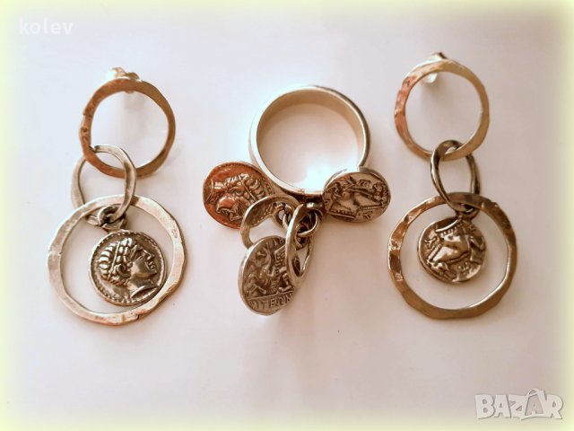 уникален сребърен комплект пръстен и обеци с реплики на монети, снимка 5 - Бижутерийни комплекти - 39708789
