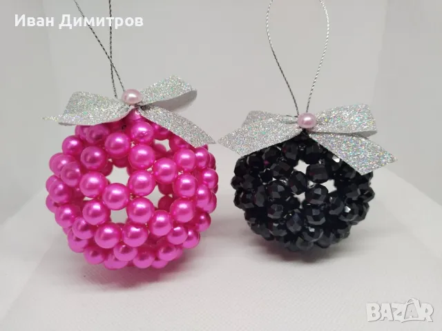 Луксозен ръчно изработен сет Коледни топки за елха от перли и кристали, снимка 2 - Декорация за дома - 47897588