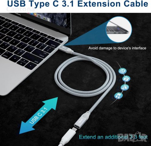 Basesailor USB C удължителен кабел 200 см [100 W, 10 Gbps] USB-C 3.1 Gen 2,Thunderbo, 4K видео кабел, снимка 3 - Кабели и адаптери - 40197692