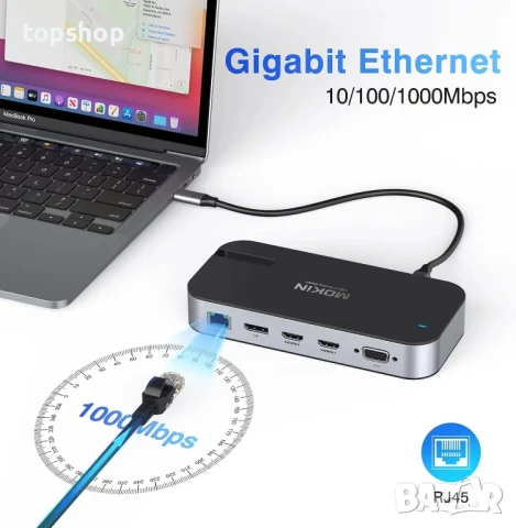 Докинг станция MOKiN за 4 монитора, 16 в 1 USB C с 2 HDMI, DP, 100W PD, USB 3.1/3.0/2.0, RJ 45..., снимка 3 - Кабели и адаптери - 50553745