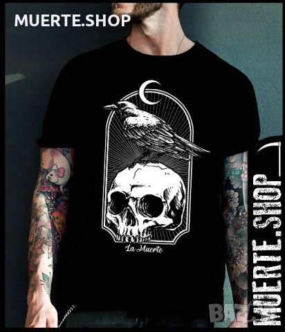 Черна тениска с щампа CROW WITH SKULL LA MUERTE