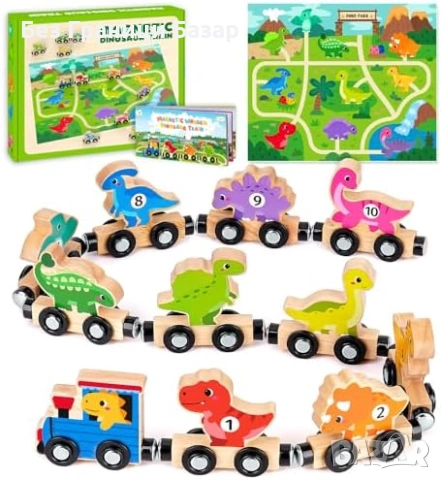 Нова играчка Образователно дървено влакче динозаври с магнити за деца 1-3