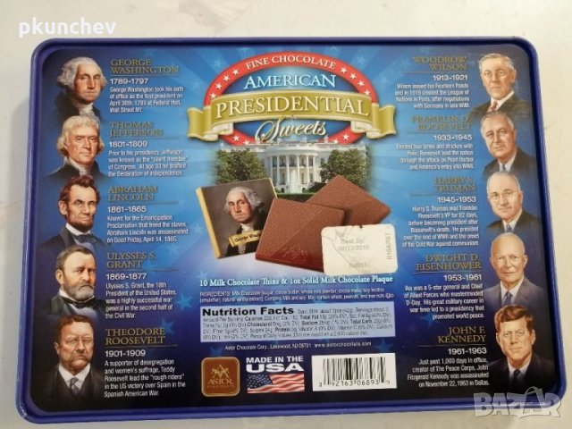 Метална кутия от шоколади с американски президенти, снимка 2 - Колекции - 34643528
