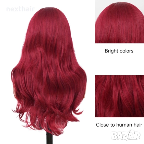 60 см червена чуплива перука с дантела  4*1, снимка 6 - Аксесоари за коса - 51049356
