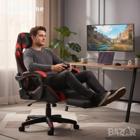 Геймърски стол Primaveo с Масажна функция, Прибираща се поставка за крака и Възглавници