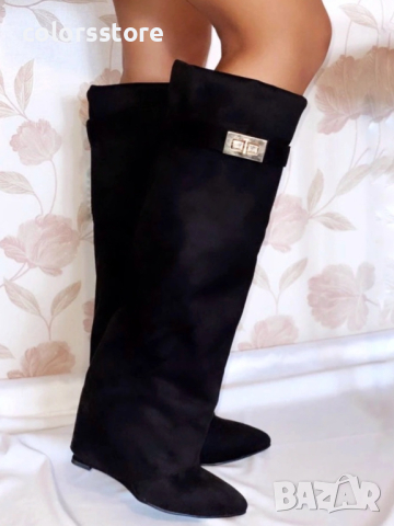 Ботуши на платформа - черен велур - K-40
