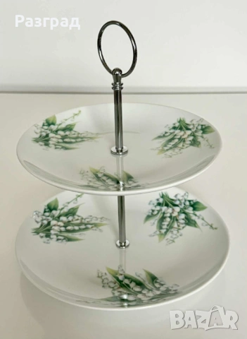 Двуетажна порцеланова поставка с декор момини сълзи, снимка 8 - Прибори за хранене, готвене и сервиране - 53018608