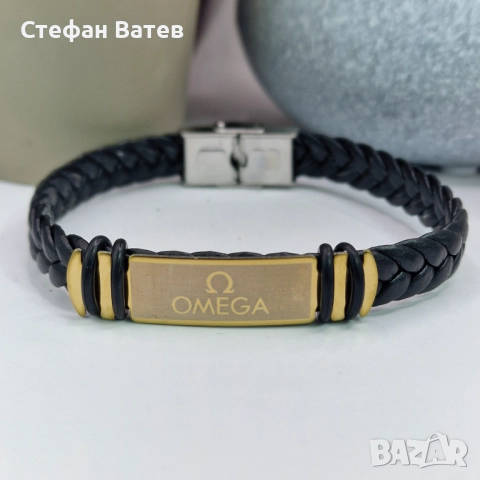 Мъжка кожена гривна Omega от медицинска стомана с позлата