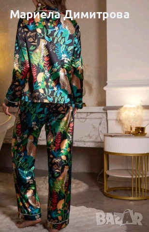 ДАМСКА ПИЖАМА ОТ САТЕН С ЕКЗОТИЧЕН ПРИНТ, снимка 3 - Пижами - 53261354