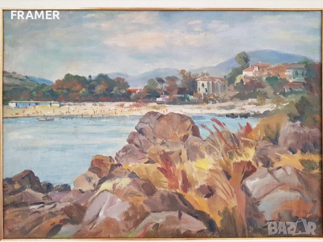 проф. Панайот Панайотов 1909-1986 Созопол централният плаж маслено 1950те години, снимка 2 - Картини - 41611669