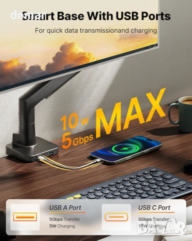 Рамо за монитор monTEK с USB 3.0 A/C, 17–57”, до 27 кг, газова пружина, VESA 75/100, черно, снимка 9 - Стойки, 3D очила, аксесоари - 53837094