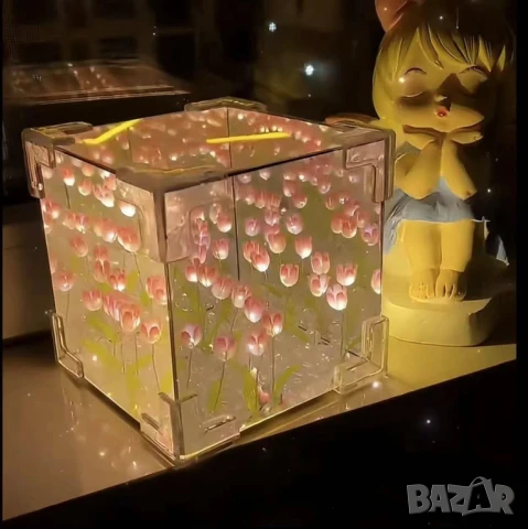 Нощна лампа куб  „Лале“ романтична декорация за бюро, хол, спалня, снимка 4 - Настолни лампи - 51367741