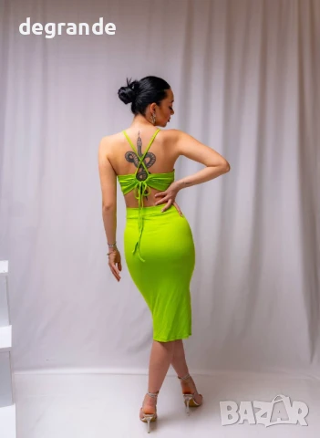 Електриково зелена дълга рокля с връзки, снимка 3 - Рокли - 50904822