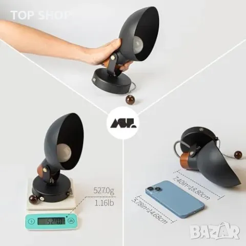 Нова Черна стенна лампа с дървена основа и издърпващ ключ, E14 база, снимка 9 - Лампи за стена - 49307246