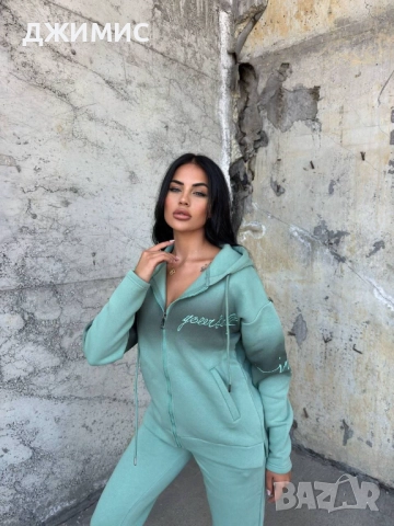 Красив ватиран спортен дамски комплект в млечно зелено
