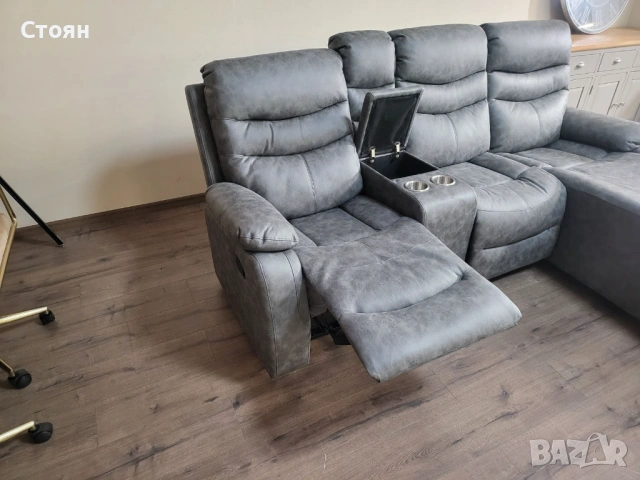 Сив ъглов диван от плат с лежанка с ръчен релаксиращ механизъм, снимка 7 - Дивани и мека мебел - 53693611