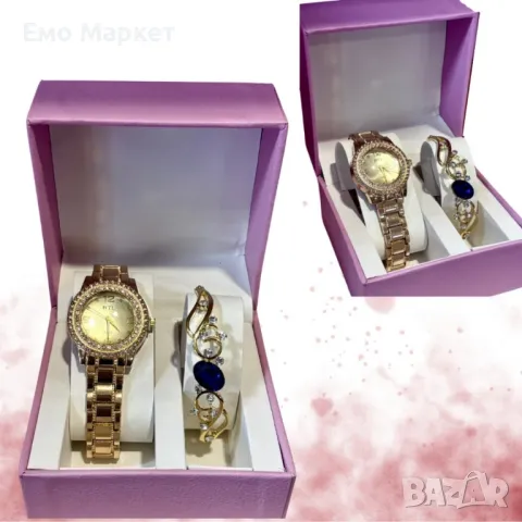 Луксозен дамски комплект - елегантен часовник и изискана гривна със скъпоценни камъни, снимка 4 - Дамски - 49182082
