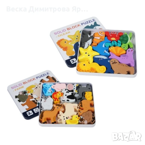 Дървен 3D пъзел с животни в метална кутия – 12 части