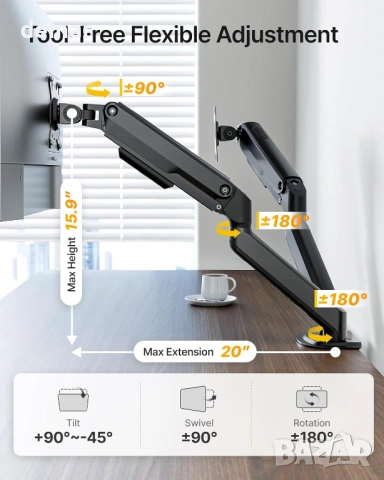 monTEK Стойка за два монитора 17–32 инча, до 9 кг всеки,VESA 75/100 мм, снимка 3 - Стойки, 3D очила, аксесоари - 53646574