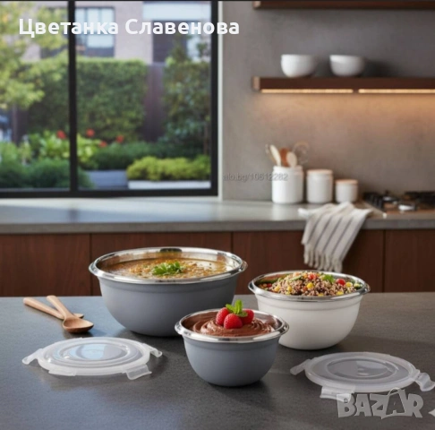 Купи от неръждаема стомана GOURMETmaxx с капаци - 3 в 1 за съхранение, снимка 4 - Чинии - 53124162
