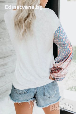 Дамски топ в бяло с ефектни ръкави на цветя, снимка 4 - Блузи с дълъг ръкав и пуловери - 39636321