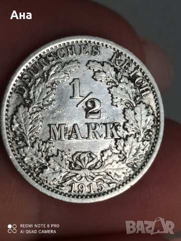 1/2 марка 1915 г Сребро Германия

, снимка 1