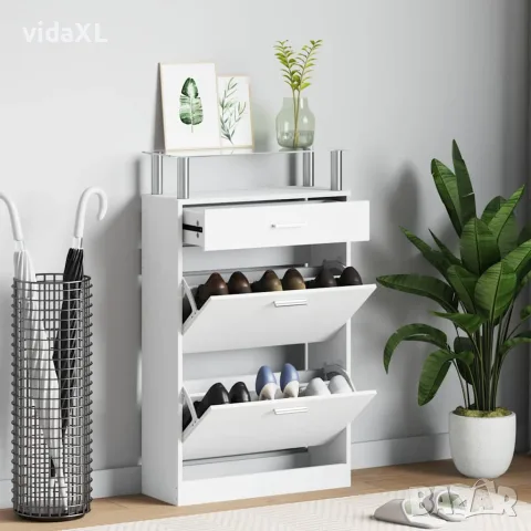 vidaXL Шкаф за обувки с чекмедже и горен стъклен плот, дърво, бял, снимка 2 - Шкафове - 56146355