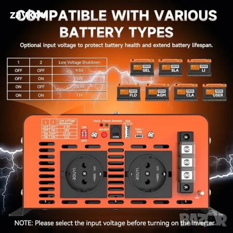 3000W инвертор 12V 230V чист синусоидален преобразувател на напрежение с LCD, снимка 4 - Друга електроника - 50024092