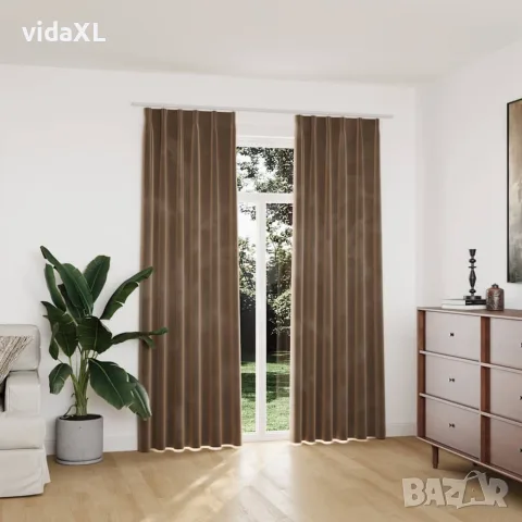 vidaXL Затъмняващи завеси с куки, 2 бр, кадифе, бежови, 140x225 см, снимка 2 - Пердета и завеси - 56146002