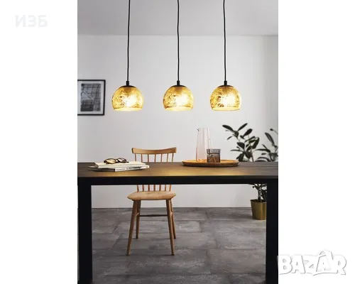 СТЪКЛЕН ПОЛИЛЕЙ, GOLD, EGLO, ALBARACCIN, 3X40W, снимка 2 - Полилеи - 50197892