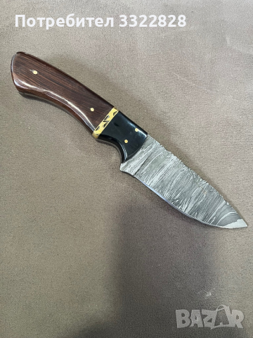 Ловен нож от Дамаска стомана с дръжка от палисандрово дърво и  кожена кания, снимка 6 - Ножове - 44014621