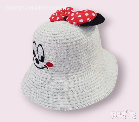 Детска лятна бяла шапка за момиче с панделка маус, снимка 2 - Шапки - 41365775