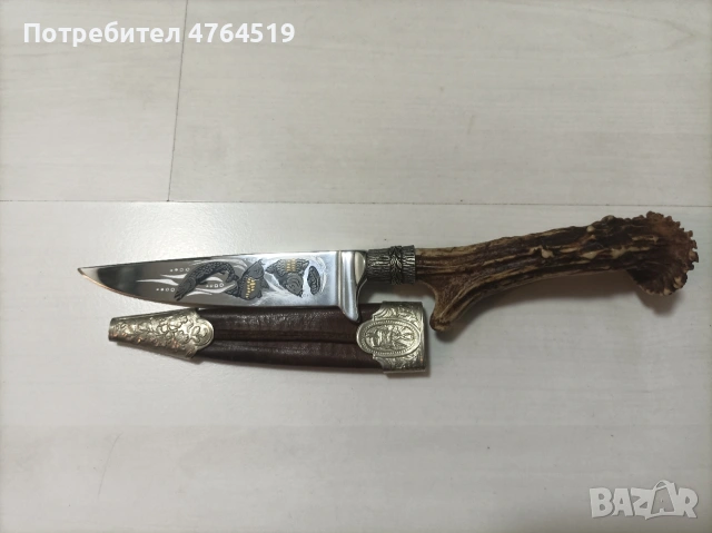 Автентичен немски ловен нож SOLINGEN (JS) – Еленски рог и гравюра, снимка 2 - Антикварни и старинни предмети - 53829435